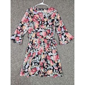 Hype Faux Wrap Dress Womens Large Black Floral Ruffle Bell Sleeve Mini 00558